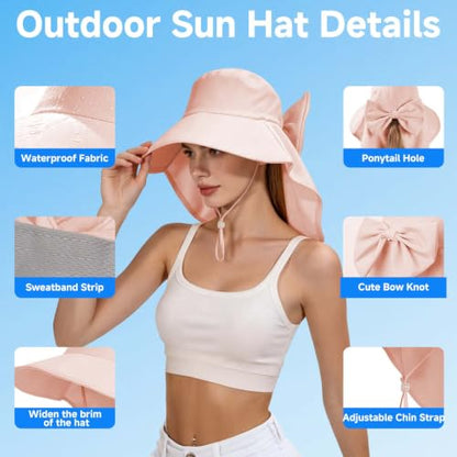 Womens Ponytail Hole Sun Hat with Neck Flap Outdoor UPF 50+ - color: Pink