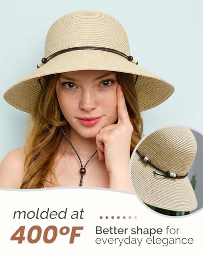 Womens Straw Beach Sun Hat, UV Protection UPF 50+, Lightweight Straw Bucket Hat, Summer Travel - color: Beige, size: Medium