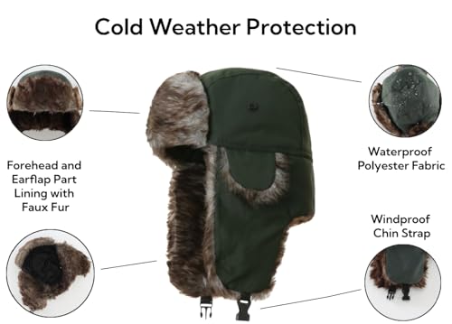 Trapper Hat Warm Faux Fur Winter Hat with Ear Flaps Windproof Waterproof Snow Ski Hats for Men Women Cold Weather - color: Blackish Green