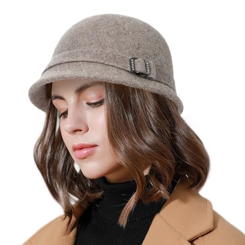 Winter Cloche 100% Wool Bucket Hat for Women Elegant Dress 1920s Vintage Fedora Hats Church Derby Party Fashion - color: 2khaki