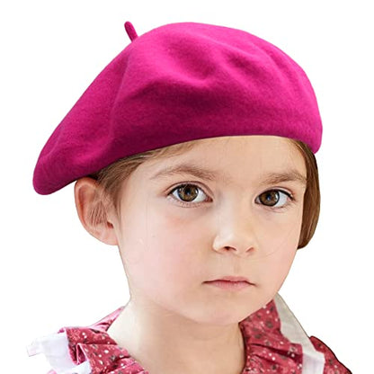 Wheebo Berets for Kids Wool French Beret Hats Artist Painter Hats for Little Girls Boys Solid Color Style - color: Hot Pink