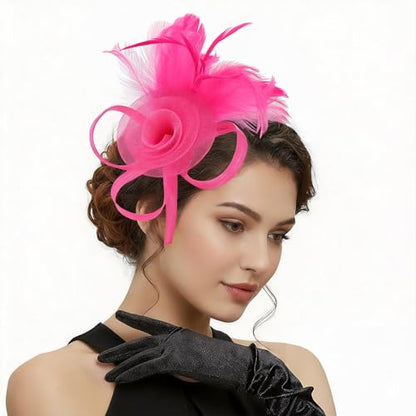 DRESHOW Fascinators Hats for Women Tulle Feather Tea Party Fascinator Hats - color: Fuschia