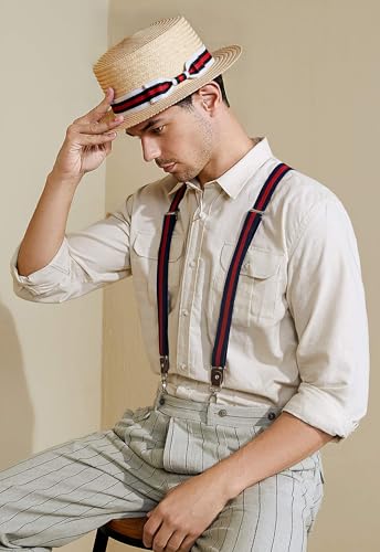 BABEYOND Men's Straw Boater Hat, 1920s Gatsby Summer Costume Accessory - color: Black Red White, size: Large-X-Large