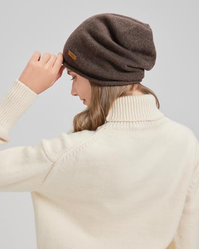 100% Merino Wool Slouchy Beanie Hat, Women Warm Winter Caps Soft, Ladies Breathable & Cozy Stretchy Knitted Skull Cap - color: Coffee