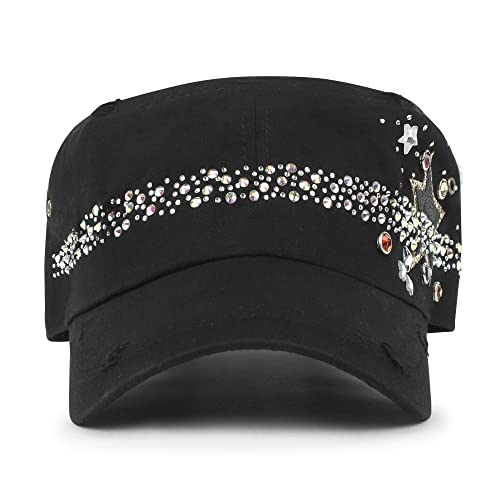 ililily Rhinestone Cotton Cadet Cap Vintage Distressed Cotton Military Army Hat - color: Black_star Lined