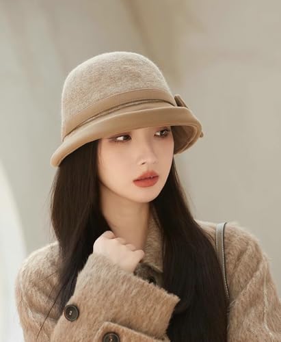 Classic Felt Fedora Hat for Women 2026 Fall Winter Soft Elegant Bow Bucket Hat Cozy Short Brim Cap 2026 - color: Khaki