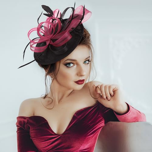 Zinniday Black Feather Fascinators Headband - 2026 Vintage Derby Hats Mesh Victoria Tea Party Kentucky Hat for Women - color: Red Black