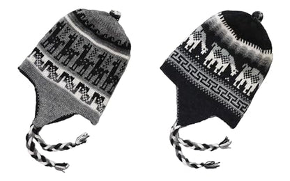 Alpaca Wool Blend Winter Hat Chullo Inca Peruvian Design Reversible with Earflaps. Beanie Medium Size. Unisex - color: Light Gray/Rat Gray
