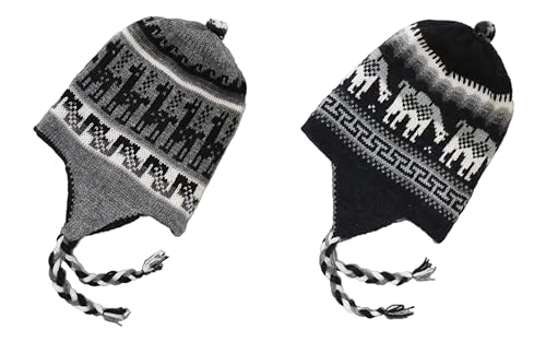 Alpaca Wool Blend Winter Hat Chullo Inca Peruvian Design Reversible with Earflaps. Beanie Medium Size. Unisex - color: Light Gray/Rat Gray