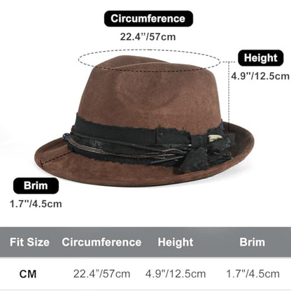 Fedora Trilby Hats for Men Women Handmade 1920s Classic Short Brim Hat with Feathers Unisex - color: Sepia