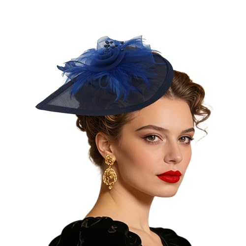 Women Vintage Fascinator Hat Flower Feather Mesh Headband Clip Pillbox Headwear for Wedding Tea Party - color: 02 Navy Blue