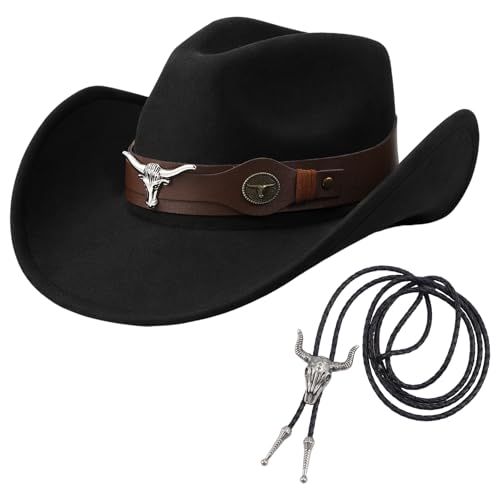 Unittype Western Cowboy Hat for Women Men with Bolo Tie Black