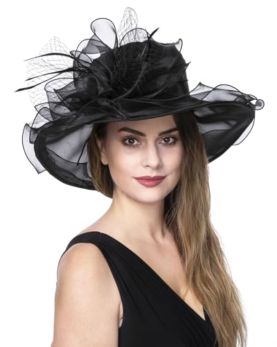 Haojing Women's Organza Church British Fascinator Bridal Tea Party Wedding Hat Summer Ruffles Cap - color: Hj23-black