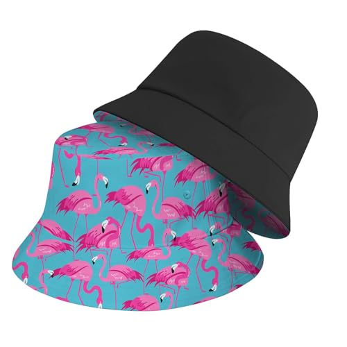 Amasnay Neon Bucket Hat Cotton Double-Side-Wear Reversible Sun Hat for Women Men, Summer Vacation Travel Beach Fisherman Hat - color: Blue Pink Flamingo