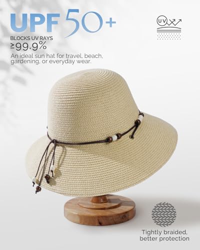 Womens Straw Beach Sun Hat, UV Protection UPF 50+, Lightweight Straw Bucket Hat, Summer Travel - color: Beige, size: Medium