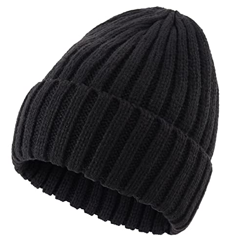 Connectyle Women's Rib Knit Cuffed Beanie Hat Stretch Acrylic Winter Hat Thick Warm Snow Ski Cap - color: Black