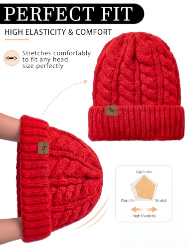 Winter Hats for Women Cable Knit Chunky Skull Cap Fleece Lined Thick Fold Cuff Beanie hat - color: Red, style: Cross Jacquard