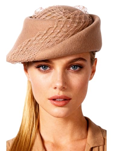 Small Top Hats for Women Elegant Winter Vintage Beret Wool Felt Fedoras Ladies Luxury Wedding and Church Cap Female - color: Camel 1