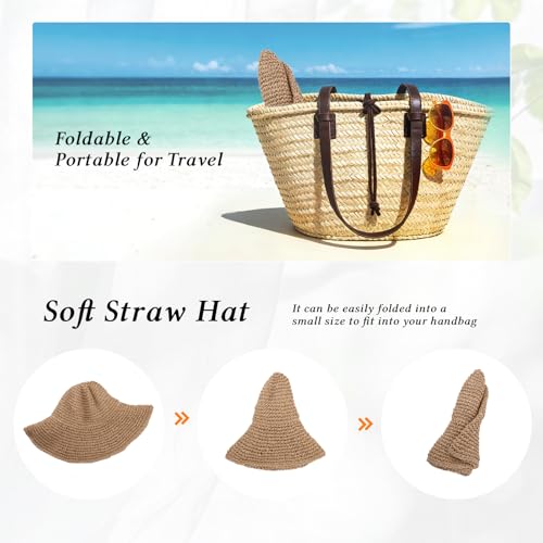 Womens Wide Brim Straw Sun Hat, Floppy Summer Straw Beach Hats, Foldable Crochet Summer Travel Beach Sun Cap - color: Khaki