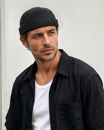 CLAPE Brimless Cap for Men Lightweight Breathable Nylon 5 Panel Docker Cap Waterproof No Visor Worker Rolled Cuff Leon Hat - color: Dbh01-black