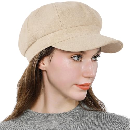 Women’s Newsboy Cap Wool Blend Retro Solid Color Girls Fashion Gatsby Cabbie Visor Beret Hat - color: Herringbone Beige