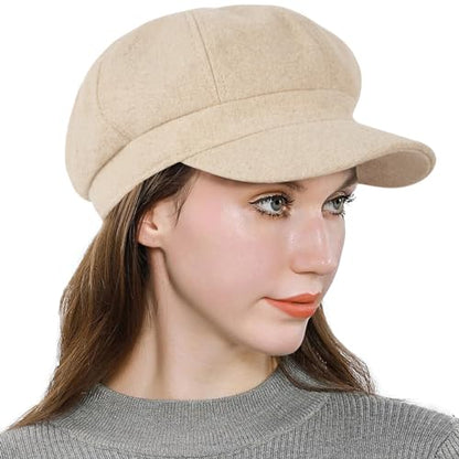Women’s Newsboy Cap Wool Blend Retro Solid Color Girls Fashion Gatsby Cabbie Visor Beret Hat - color: Herringbone Beige