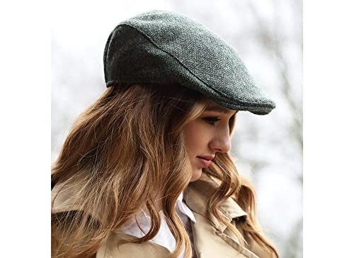 Hanna Hats Traditional Tweed Wool Donegal Touring Cap. Unisex Ivy Hat. Sewn Peak and Taffeta Lining. 100% Made in Ireland. - color: Dark Green Fleck Salt & Pepper, size: Medium