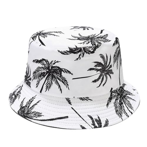 Bucket Hat for Women Men, Cotton Reversible Double Side Wear Sun Hats Beach Fisherman Hat - color: White Coconut Tree