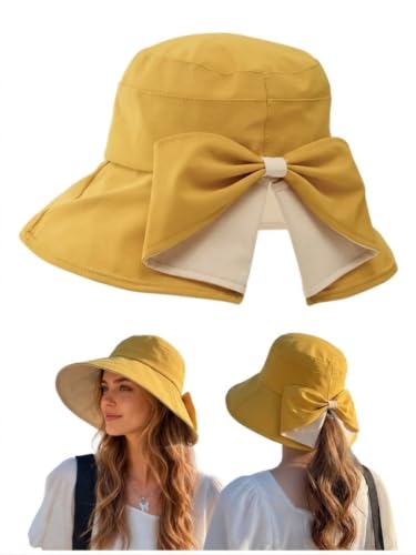 Women Bowknot Wide Brim UPF50+ Foldable Travel Beach Sun Hat - color: Yellow