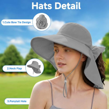 Womens Ponytail Hole Sun Hat with Neck Flap Outdoor UPF 50+ - color: Grey