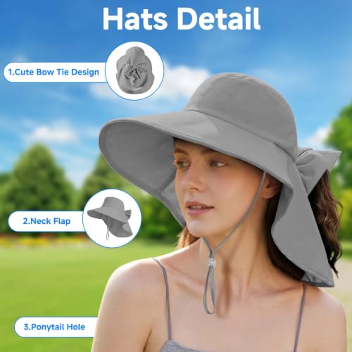 Womens Ponytail Hole Sun Hat with Neck Flap Outdoor UPF 50+ - color: Grey