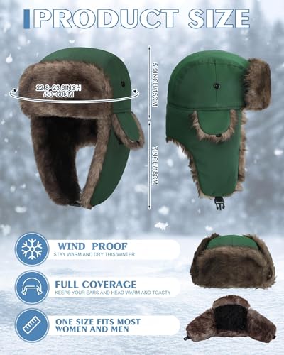 Chicingyou Trapper Hat for Man Women Warm Windproof Waterproof Russian Ushanka Hat Faux Fur Snow Ski Cap with Ear Flap - color: Green, Brown