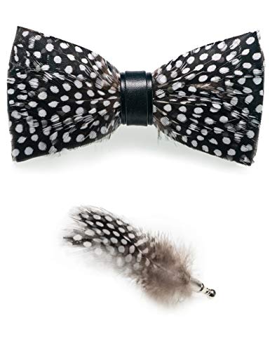 RBOCOTT Handmade Feather Pre-tied Bow tie and Brooch Sets for Men - color: Black/White-1