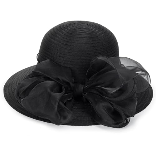 Women Kentucky Organza Derby Hat - Wide Brim Summer Sun Hat for Bridal Wedding Church Tea Party - color: Black