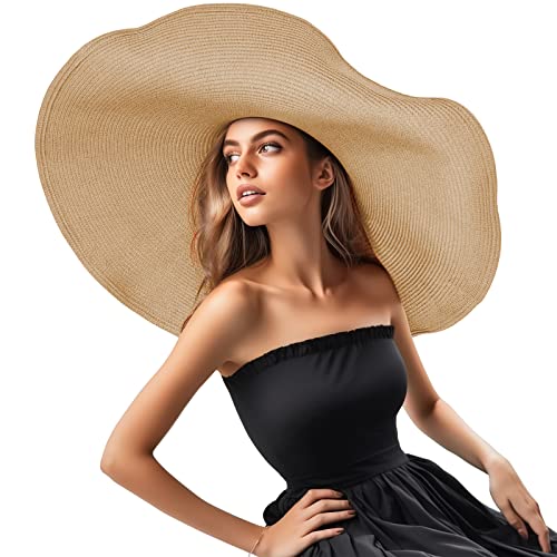Oversized Beach Straw Hat for Women Fashion Large Wide Brim Visor Hats Summer Roll Up Floppy Sun Hat for Beach Cap Foldable - color: Khaki