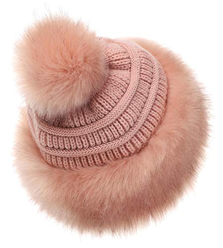 Soul Young Women's Faux Fur Hat Russian Cossack Knit Pompom Hat Ski Snow Cap for Winter Outdoor - color: Pink