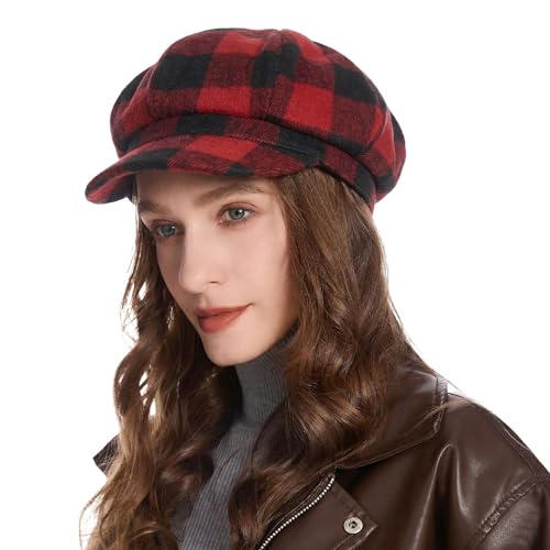 ZLYC Women Classic Newsboy Cap Visor 8 Panel Gatsby Cabbie Paperboy Hat - color: (Plaid) Red