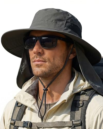 Sun Hats for Men Wide Brim Bucket Hat with Neck Flap for Fishing & Hiking Mens Sun Hat for UV Protection - color: Dark Grey