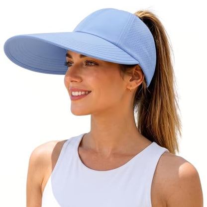 Women's Wide Brim Sun Hat with Ponytail Hole, UV Protection Criss Cross Sun Visor Hat, Lightweight & Quick-Drying Beach Cap - color: Blue
