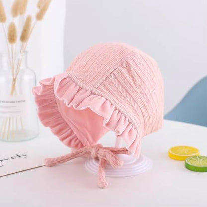 Lovely Baby Girl Bonnet Soft Ruffle Brimmed Newborn Baby Beanie - color: Pink+white