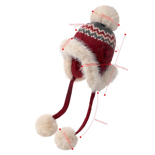 Women Winter Warm Knit Beanie Earflap Hat with Pompom Plush Lined Russian Ushanka Trapper Hat Thermal Windproof Ski Snow Cap - color: Red