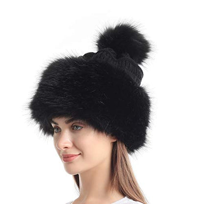 Soul Young Women's Faux Fur Hat Russian Cossack Knit Pompom Hat Ski Snow Cap for Winter Outdoor - color: Black