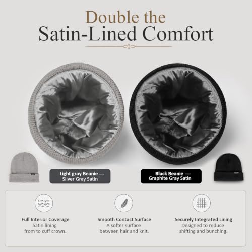 2 Pack Satin Lined Beanies for Men and Women Warm Cuffed Winter Hats - color: Black+light Grey