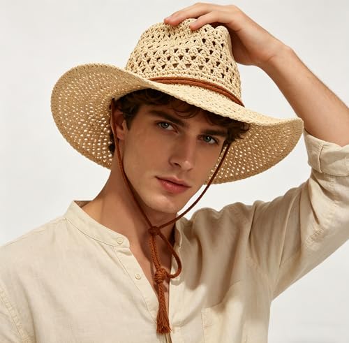 Men's Floppy Packable Straw Hat Beach Cap Newsboy Fedora Sun Hat, Big Brim, Adjustable Chin Strap - color: Beige-a