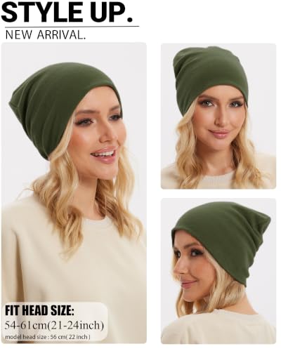 Thin 100% Cotton Fine-Knit Beanie Hat Slouchy Soft Chemo Skull Cap - color: 1-oliver Green