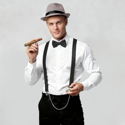 BABEYOND 1920s Mens Gatsby Gangster Accessories Set Panama Hat Suspender Bow Tie - color: Gray Set