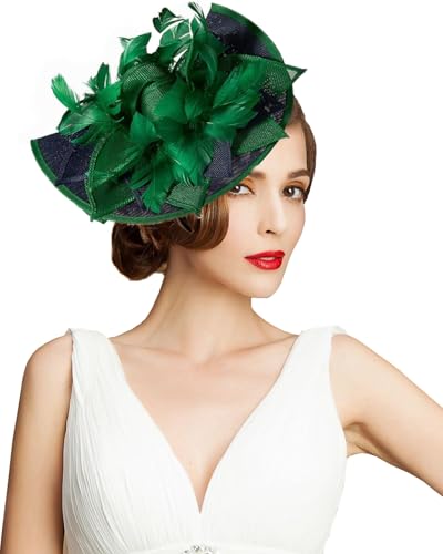 ORIDOOR Women Fascinators Derby Church Tea Party Wedding Flower Feathers Headpiece with Headband Clips - color: 02-dark Green