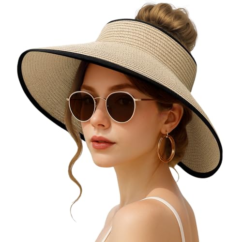 Sun Hats for Women Wide Brim Straw Sun Visors Ponytail Hat - color: Beige With Black