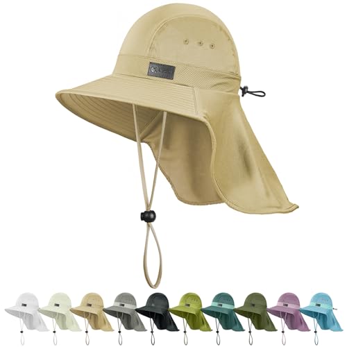 Sukeen Cooling Sun Hat for Men Women UPF50+ Wide Brim Fishing Hat with Neck Flap Adjustable Foldable Bucket Hat for Hiking - color: Khaki