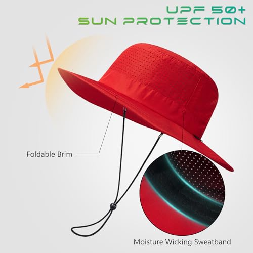 UPF 50+ Bucket Sun Hat with Laser Perforated Mesh Cooling Adjustable Breathable Lightweight for Outdoor Men Women - color: White & Red
